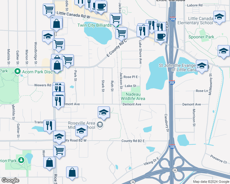 map of restaurants, bars, coffee shops, grocery stores, and more near 2540 Ruth Street in Little Canada