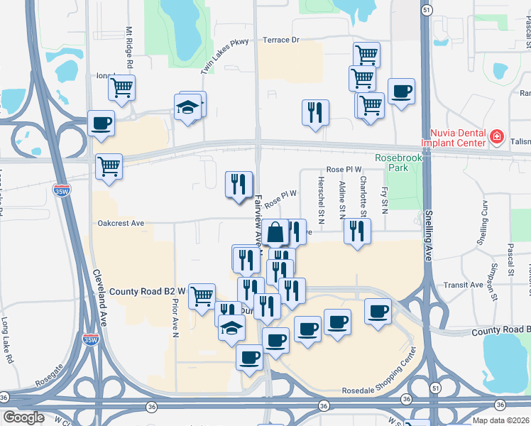map of restaurants, bars, coffee shops, grocery stores, and more near 2550 Oakcrest Avenue in Roseville