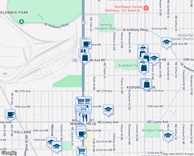 map of restaurants, bars, coffee shops, grocery stores, and more near 2734 Northeast Taylor Street in Minneapolis