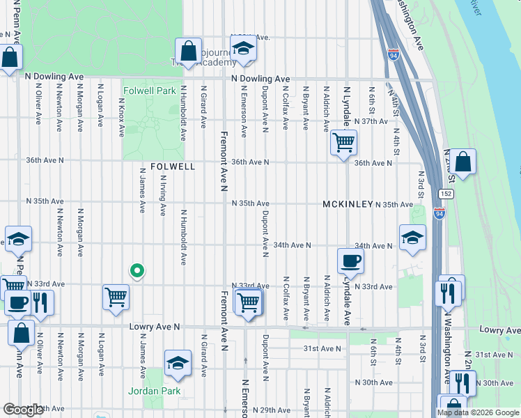 map of restaurants, bars, coffee shops, grocery stores, and more near 3442 Emerson Avenue North in Minneapolis