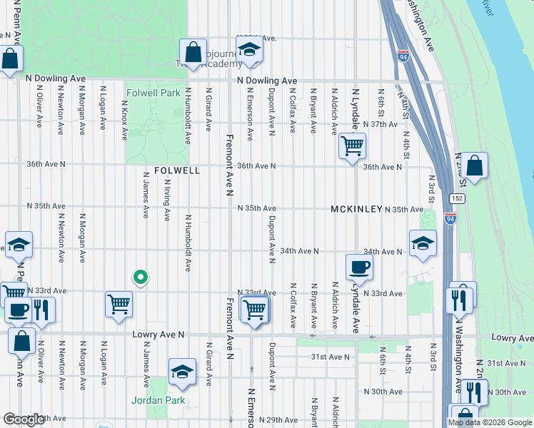 map of restaurants, bars, coffee shops, grocery stores, and more near 3442 Emerson Avenue North in Minneapolis