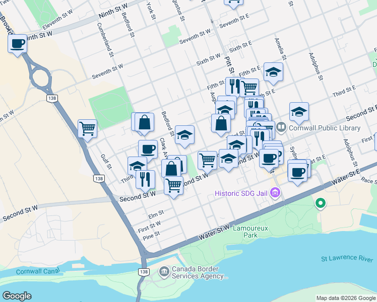 map of restaurants, bars, coffee shops, grocery stores, and more near 223 Third Street West in Cornwall