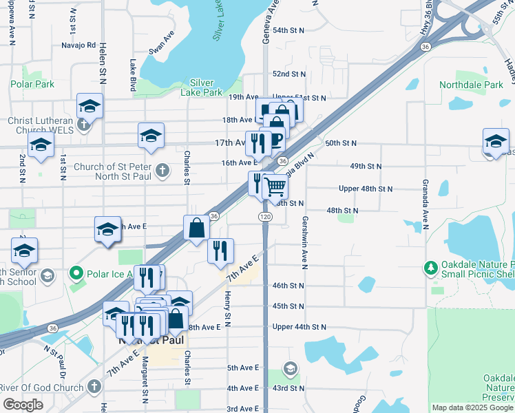 map of restaurants, bars, coffee shops, grocery stores, and more near 2535 Division Street North in North Saint Paul