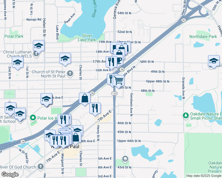 map of restaurants, bars, coffee shops, grocery stores, and more near 2535 Division Street North in North Saint Paul