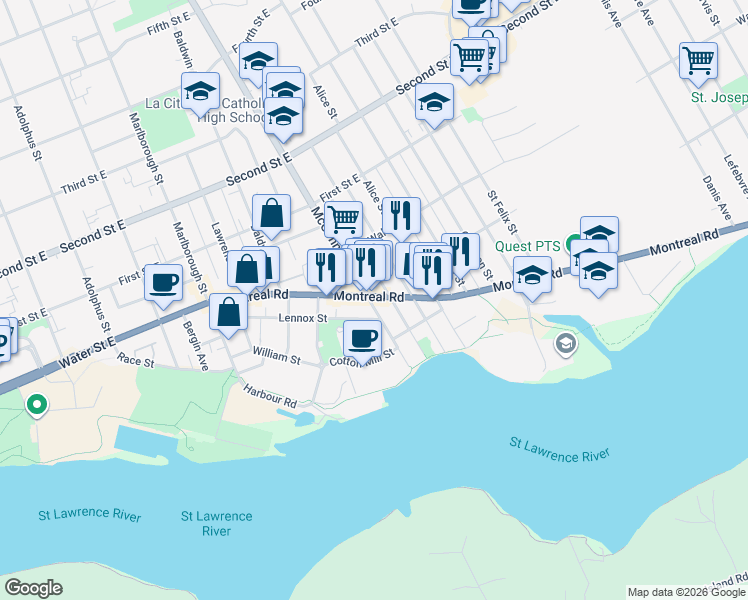 map of restaurants, bars, coffee shops, grocery stores, and more near 401 Montreal Road in Cornwall