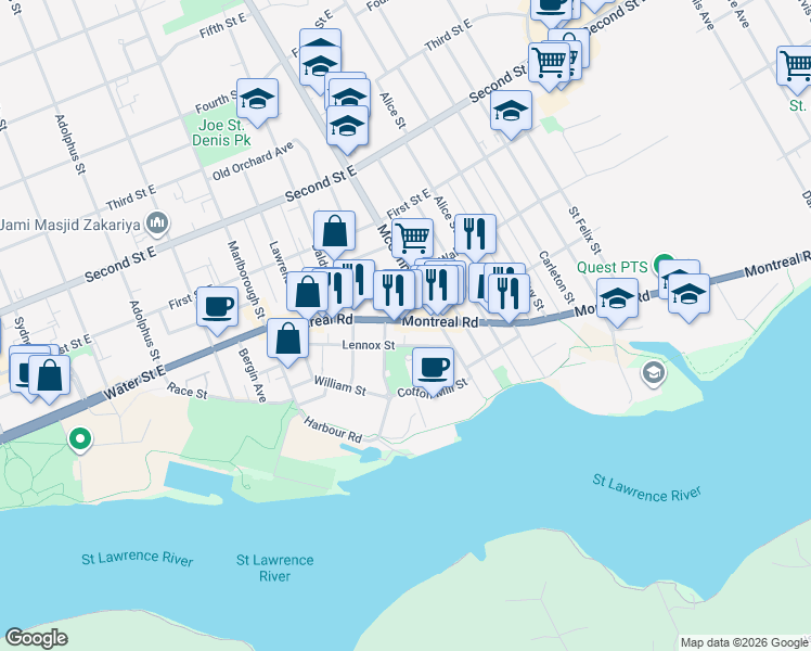 map of restaurants, bars, coffee shops, grocery stores, and more near 329 Montreal Road in Cornwall