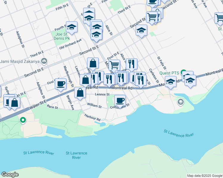map of restaurants, bars, coffee shops, grocery stores, and more near 329 Montreal Road in Cornwall