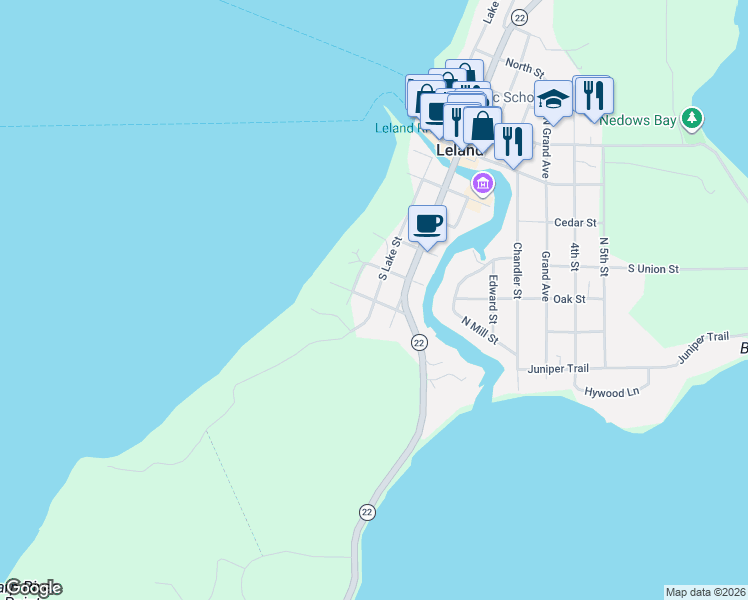 map of restaurants, bars, coffee shops, grocery stores, and more near 601 South Lake Street in Leland