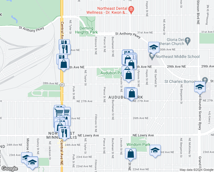 map of restaurants, bars, coffee shops, grocery stores, and more near 2734 Buchanan Street Northeast in Minneapolis