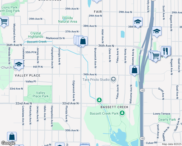map of restaurants, bars, coffee shops, grocery stores, and more near 6125 34th Avenue North in Minneapolis