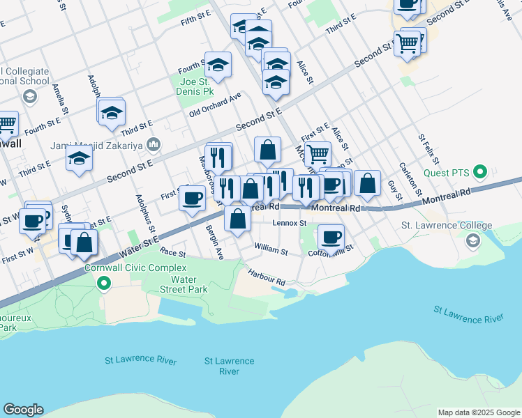 map of restaurants, bars, coffee shops, grocery stores, and more near 139 Montreal Road in Cornwall