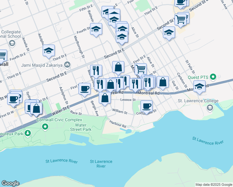 map of restaurants, bars, coffee shops, grocery stores, and more near 145 Montreal Road in Cornwall