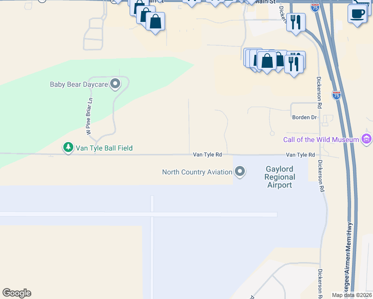 map of restaurants, bars, coffee shops, grocery stores, and more near 1406 Van Tyle Road in Gaylord