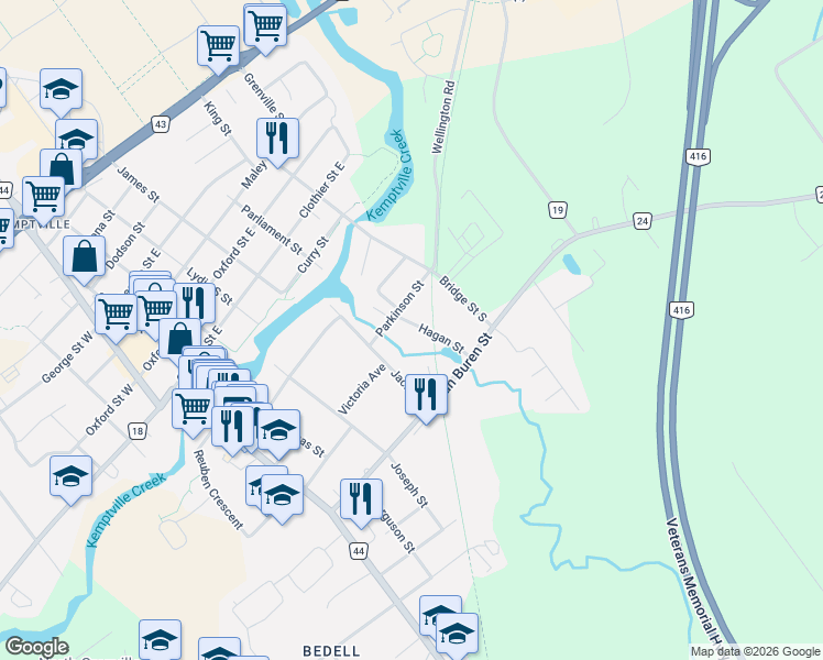 map of restaurants, bars, coffee shops, grocery stores, and more near 110 Hagan Street in North Grenville