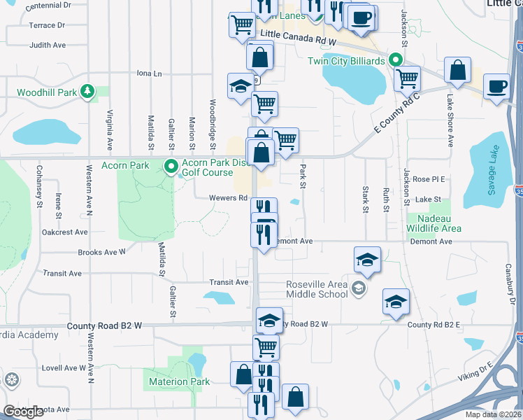 map of restaurants, bars, coffee shops, grocery stores, and more near 2550 Rice Street in Saint Paul