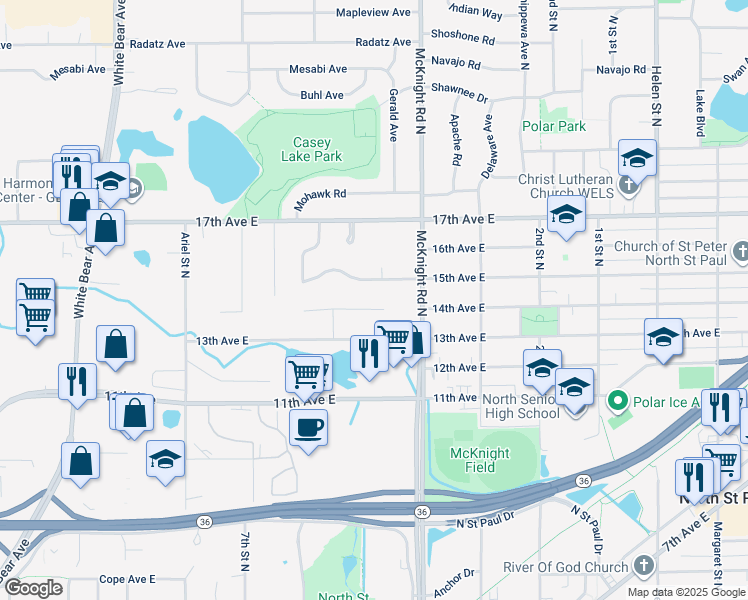 map of restaurants, bars, coffee shops, grocery stores, and more near 2192 14th Avenue East in North Saint Paul