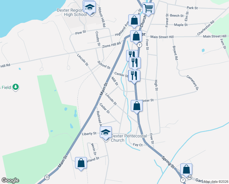 map of restaurants, bars, coffee shops, grocery stores, and more near 94 Lincoln Street in Dexter