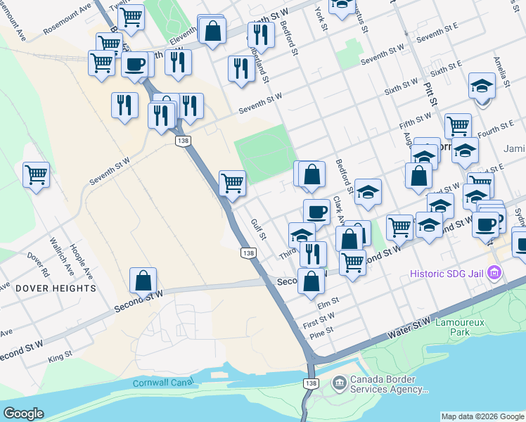 map of restaurants, bars, coffee shops, grocery stores, and more near 236 Yates Avenue in Cornwall