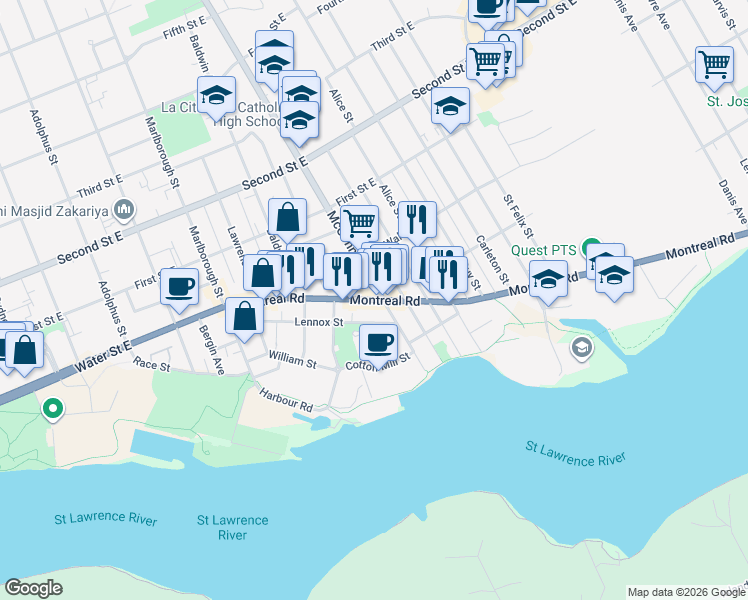 map of restaurants, bars, coffee shops, grocery stores, and more near Cornwall 2 in Cornwall