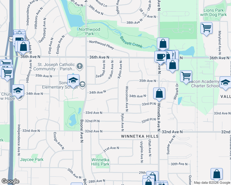 map of restaurants, bars, coffee shops, grocery stores, and more near 8316 33rd Place North in Minneapolis