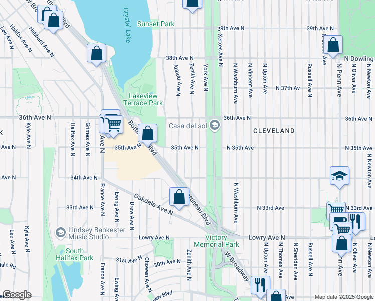 map of restaurants, bars, coffee shops, grocery stores, and more near 3436 Zenith Avenue North in Minneapolis
