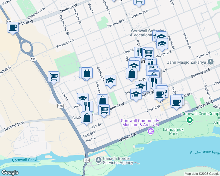 map of restaurants, bars, coffee shops, grocery stores, and more near 235 Third Street West in Cornwall