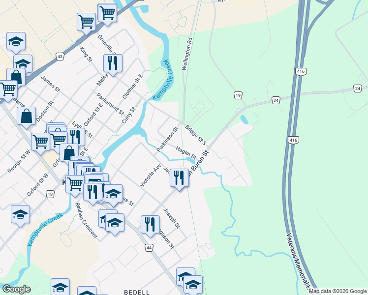 map of restaurants, bars, coffee shops, grocery stores, and more near 117 Hagan Street in Kemptville