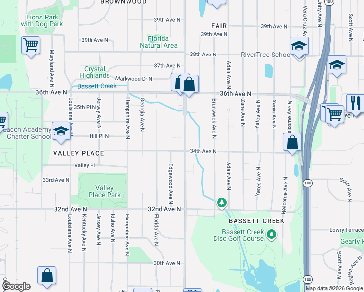map of restaurants, bars, coffee shops, grocery stores, and more near in Crystal