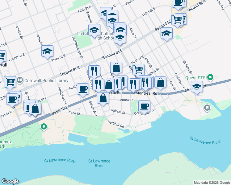 map of restaurants, bars, coffee shops, grocery stores, and more near 149 Montreal Road in Cornwall
