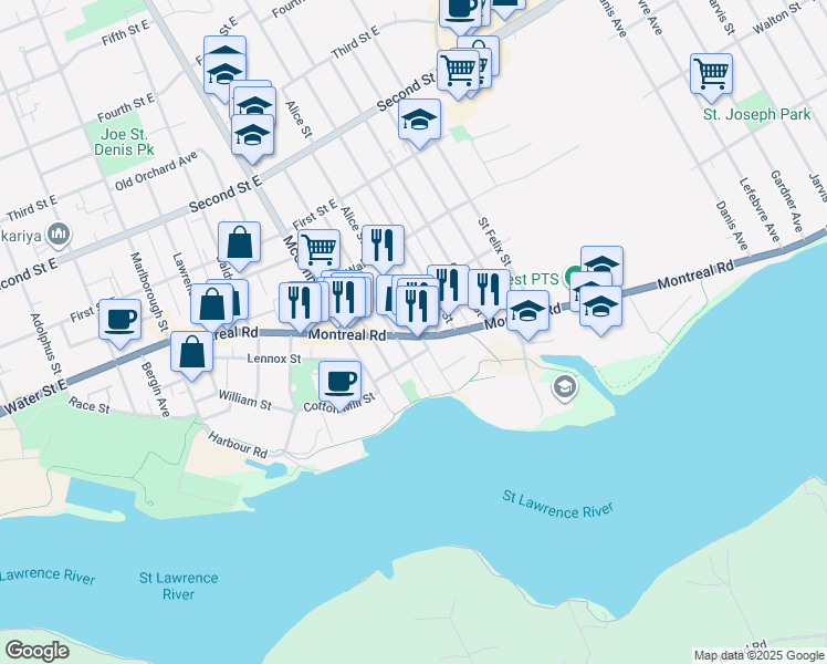 map of restaurants, bars, coffee shops, grocery stores, and more near 616 Montreal Road in Cornwall