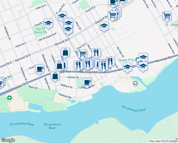 map of restaurants, bars, coffee shops, grocery stores, and more near 402 Montreal Road in Cornwall