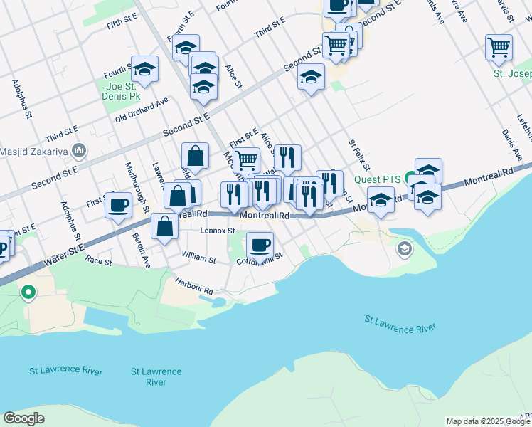 map of restaurants, bars, coffee shops, grocery stores, and more near 402 Montreal Road in Cornwall