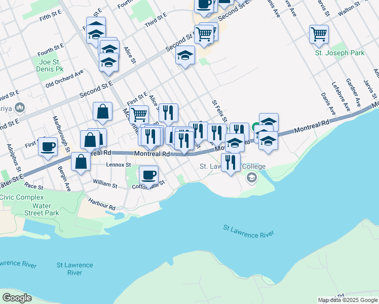 map of restaurants, bars, coffee shops, grocery stores, and more near 702 Montreal Road in Cornwall
