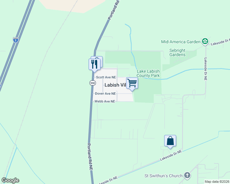 map of restaurants, bars, coffee shops, grocery stores, and more near 6845 Edith Avenue Northeast in Salem