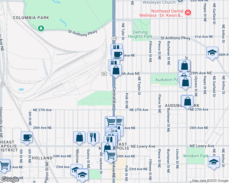 map of restaurants, bars, coffee shops, grocery stores, and more near Central Ave NE & 28th Ave NE in Minneapolis