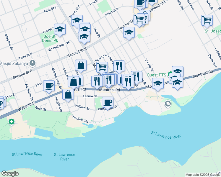 map of restaurants, bars, coffee shops, grocery stores, and more near 401 Montreal Road in Cornwall