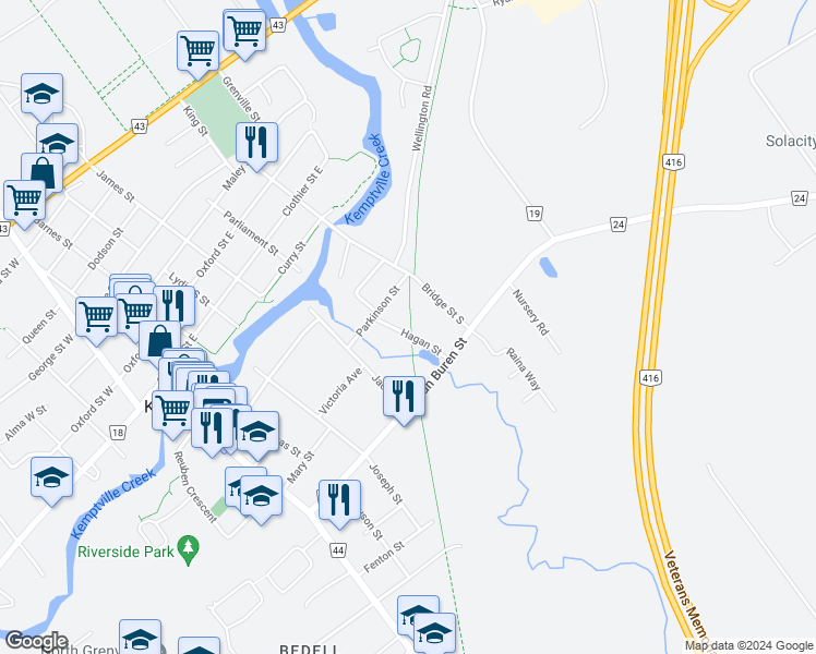 map of restaurants, bars, coffee shops, grocery stores, and more near 115 Hagan Street in Kemptville