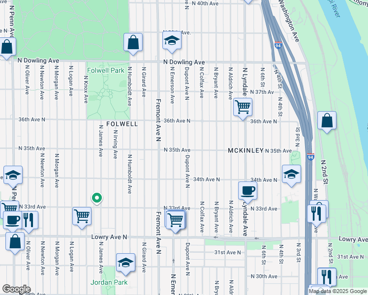 map of restaurants, bars, coffee shops, grocery stores, and more near 3442 Emerson Avenue North in Minneapolis