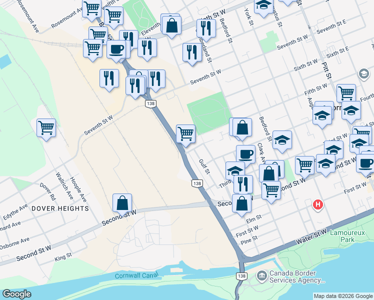 map of restaurants, bars, coffee shops, grocery stores, and more near 514 Fifth Street West in Cornwall