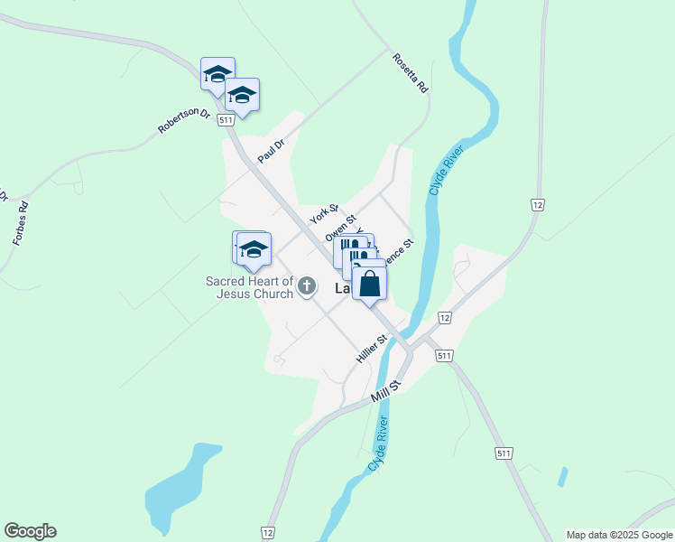 map of restaurants, bars, coffee shops, grocery stores, and more near 86 George Street in Lanark