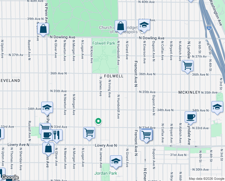 map of restaurants, bars, coffee shops, grocery stores, and more near 3443 North Humboldt Avenue in Minneapolis