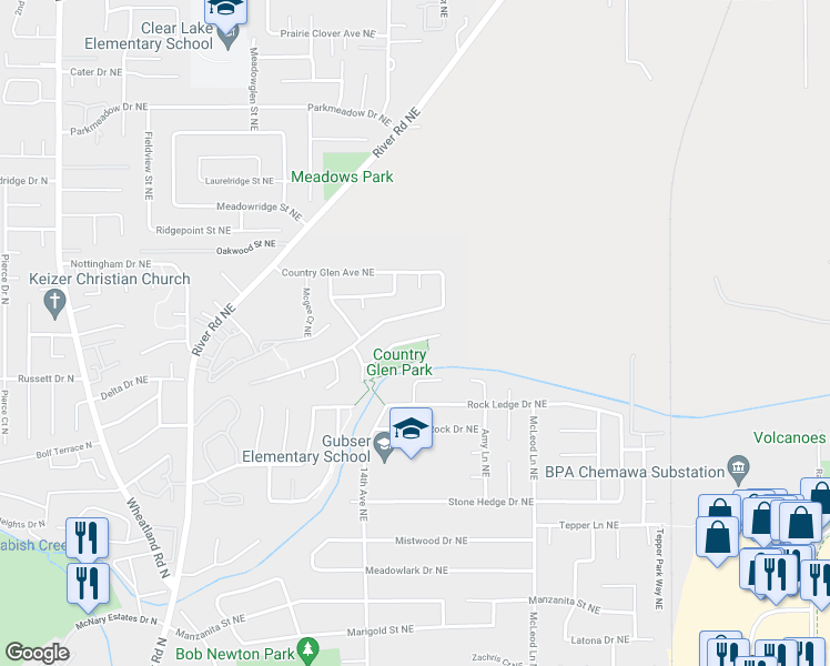 map of restaurants, bars, coffee shops, grocery stores, and more near 1545 Parkside Court Northeast in Salem