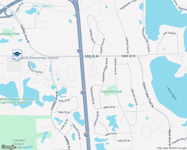 map of restaurants, bars, coffee shops, grocery stores, and more near 4801 Helena Road North in Oakdale