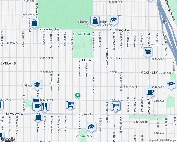 map of restaurants, bars, coffee shops, grocery stores, and more near 3443 North Humboldt Avenue in Minneapolis