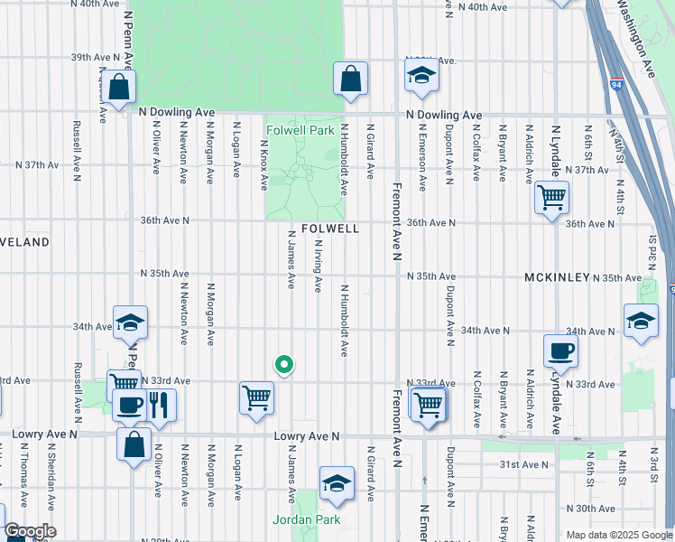 map of restaurants, bars, coffee shops, grocery stores, and more near 3443 North Humboldt Avenue in Minneapolis