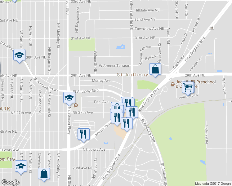 map of restaurants, bars, coffee shops, grocery stores, and more near 2816 Saint Anthony Boulevard in Minneapolis