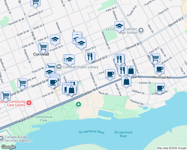 map of restaurants, bars, coffee shops, grocery stores, and more near 305 First Street East in Cornwall