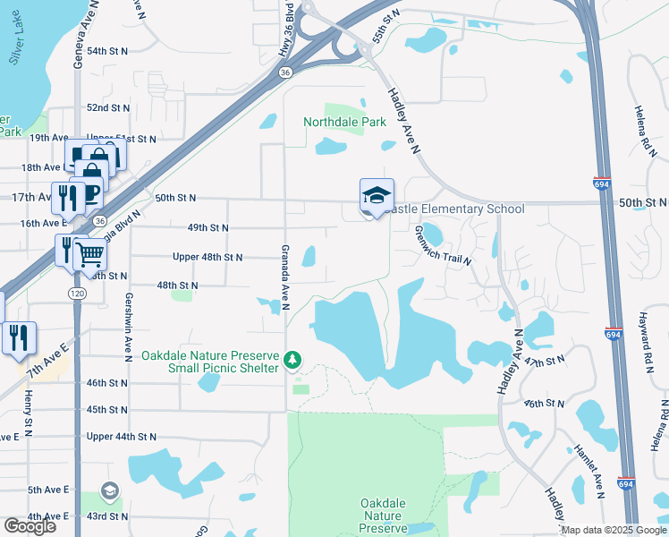 map of restaurants, bars, coffee shops, grocery stores, and more near 6593 49th Street North in Saint Paul