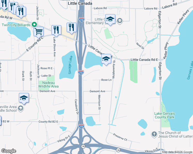 map of restaurants, bars, coffee shops, grocery stores, and more near 330 Savage Lane in Little Canada