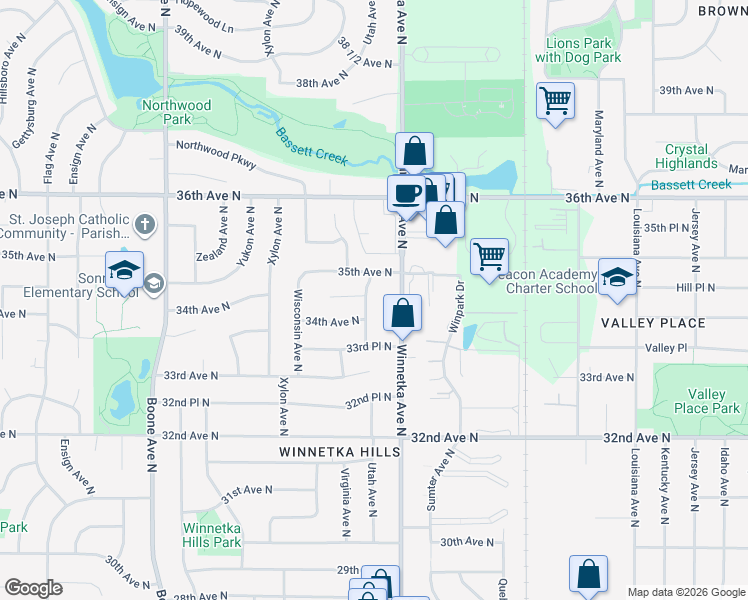 map of restaurants, bars, coffee shops, grocery stores, and more near 7909 35th Avenue North in Minneapolis